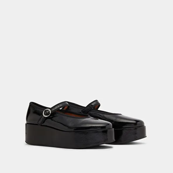 Ballet flats with platforms in black pleated patent