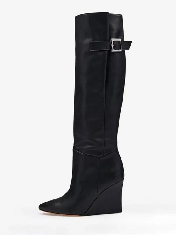 Black Knee High Boots Pointed Toe Metal Detal Wedge Knee Length Boots