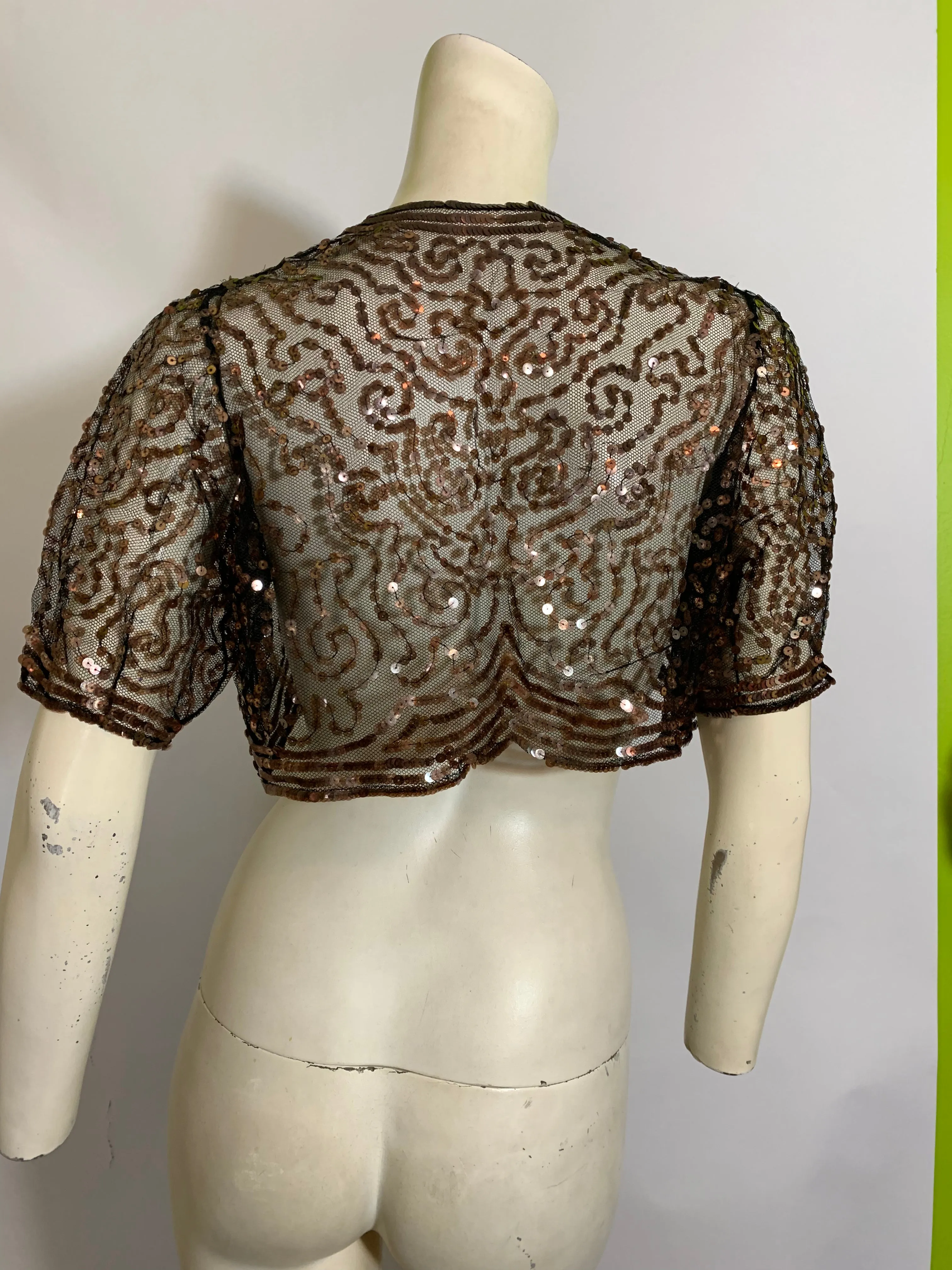 Black Mesh Bolero Jacket with Coppery Gelatin Sequins circa 1930s