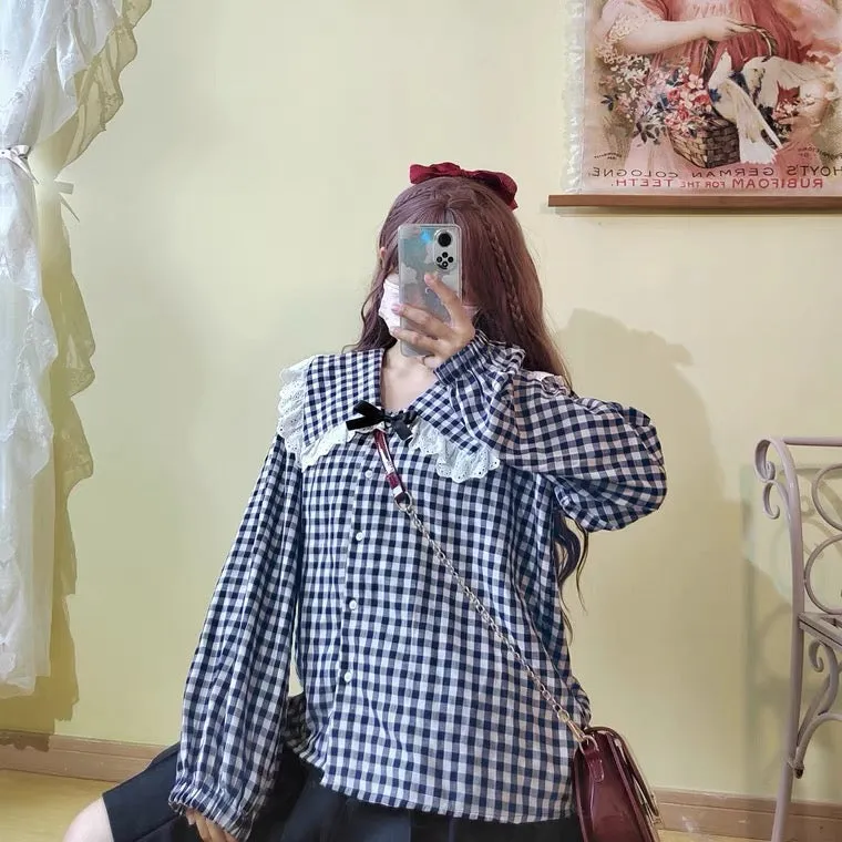 Black white checkered print collar blouse shirt