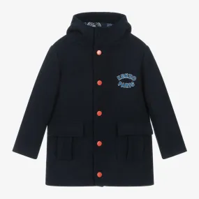 Boys Navy Blue Hooded Wool Coat