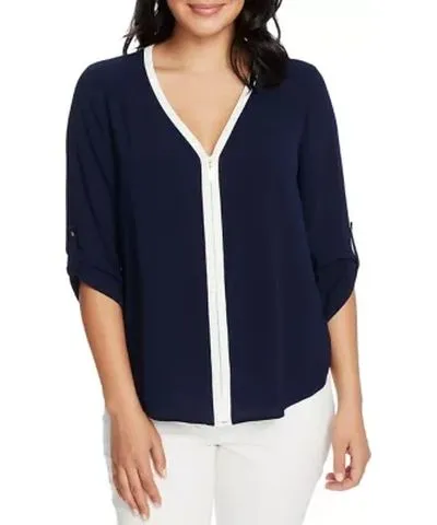 CHAUS Women's 3/4 Sleeve Roll Tab V-Neck Blouse