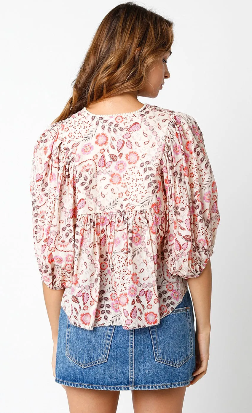 DIAMOND SMOCKED FLORAL PEASANT BLOUSE