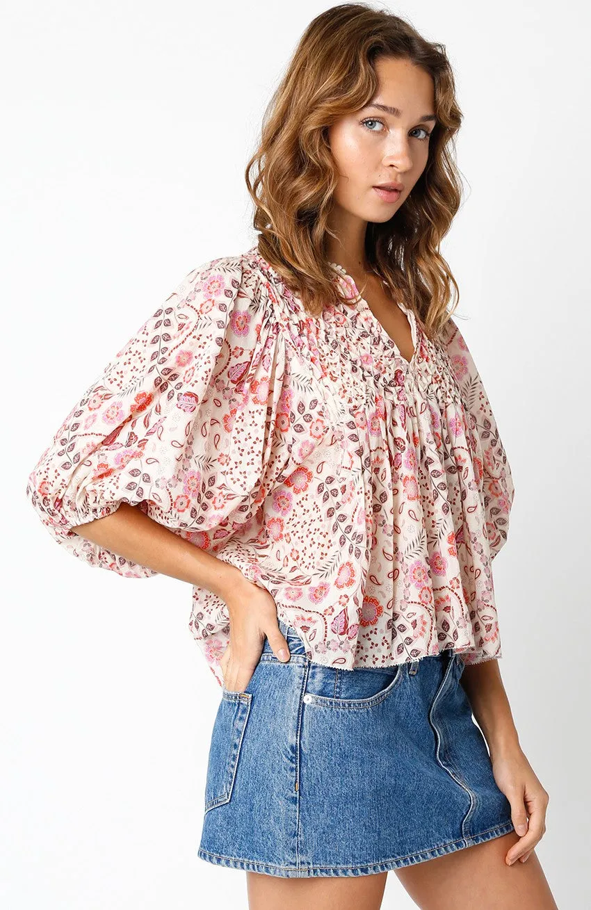 DIAMOND SMOCKED FLORAL PEASANT BLOUSE