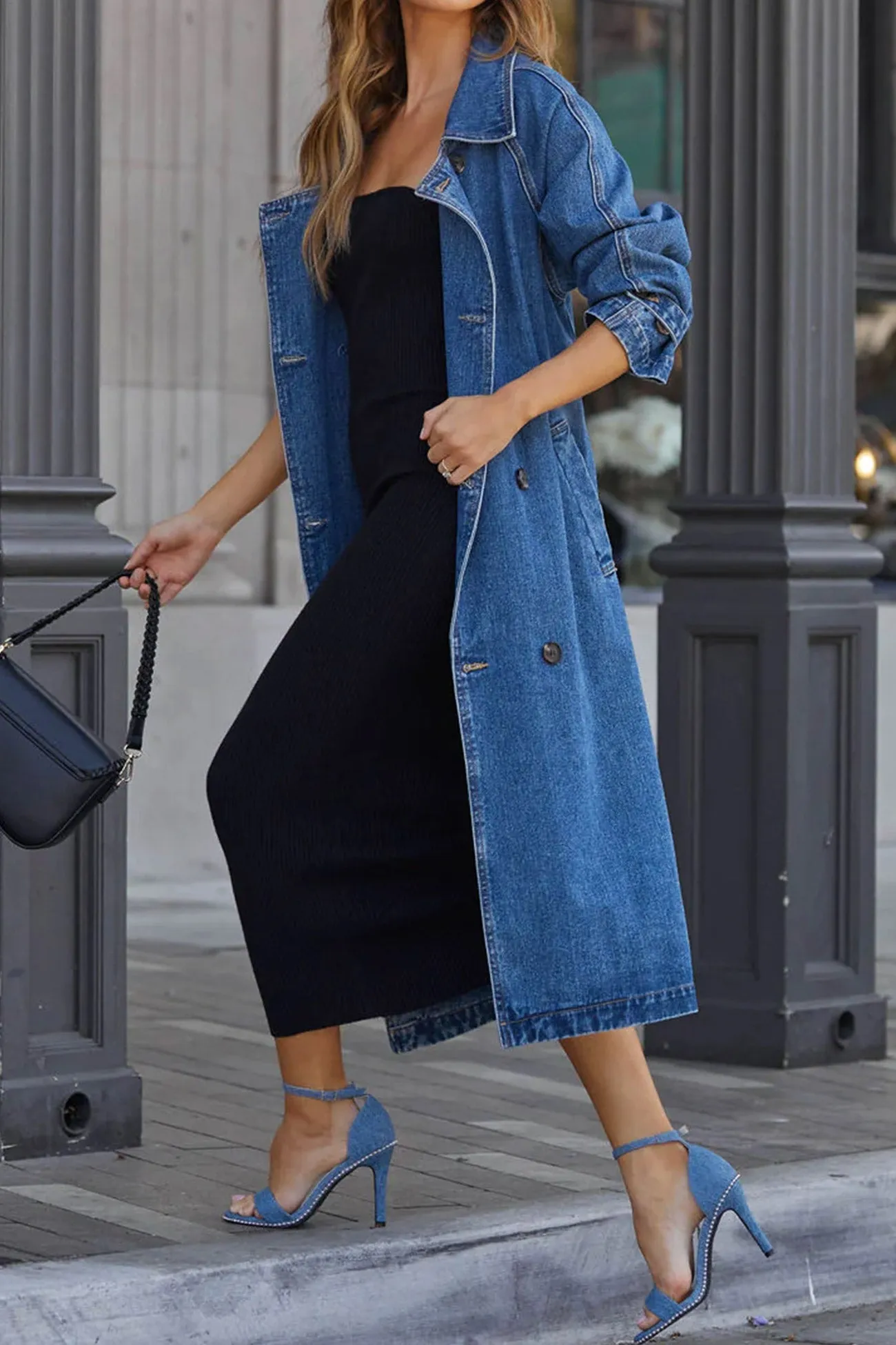 Double-breasted Strappy Denim Trench Coat