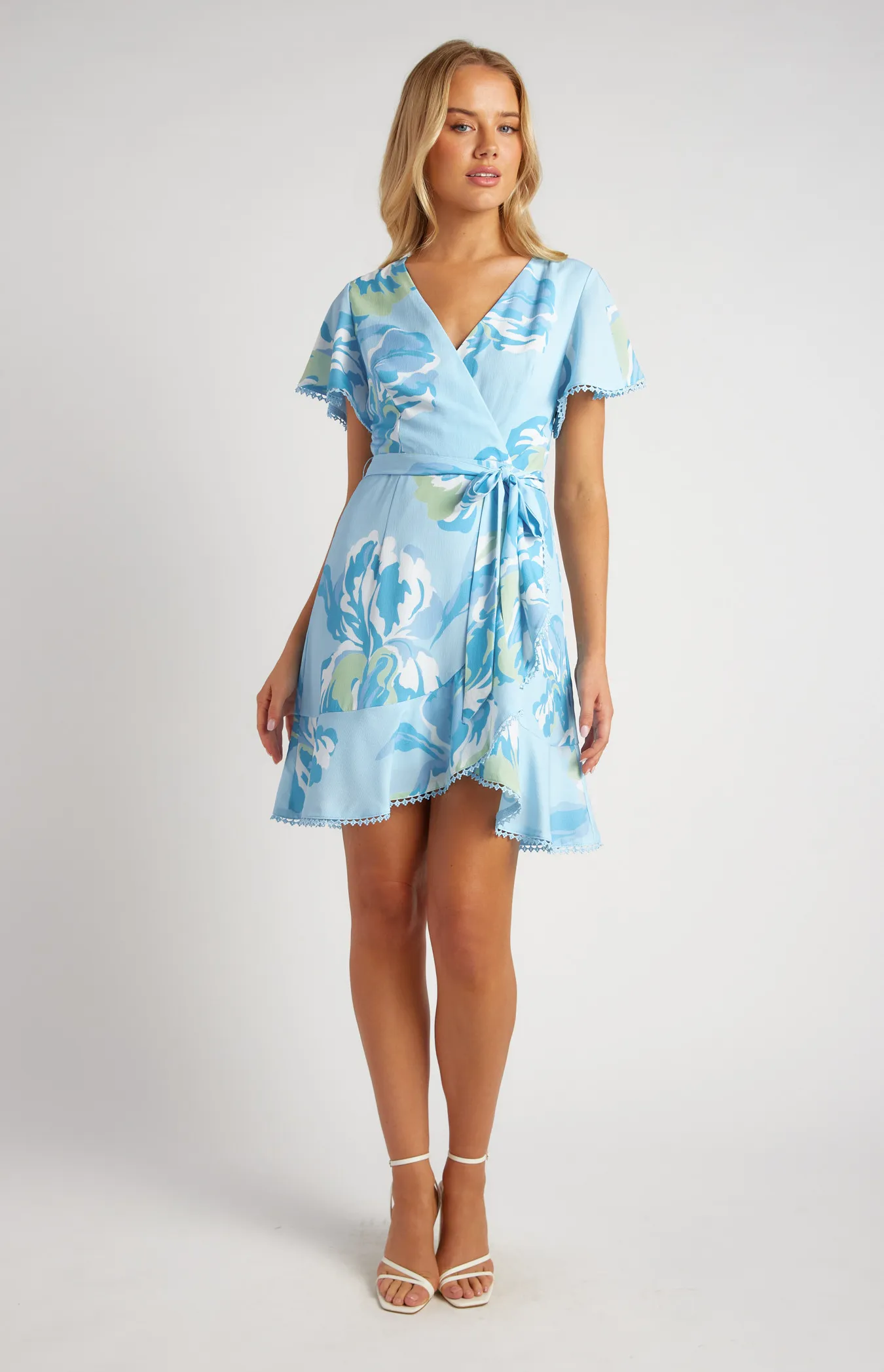 Floral Print Butterfly Sleeve Dress with Lace Trim Detail (SDR1480-2A)