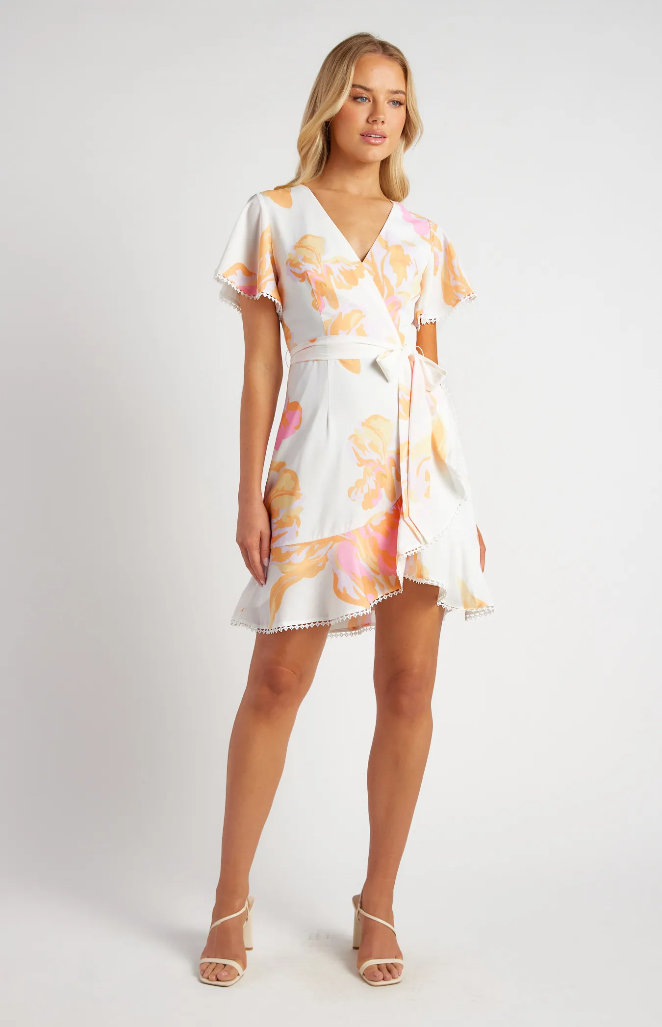 Floral Print Butterfly Sleeve Dress with Lace Trim Detail (SDR1480-2A)