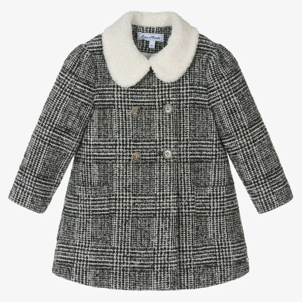 Girls Black & Ivory Tweed Coat