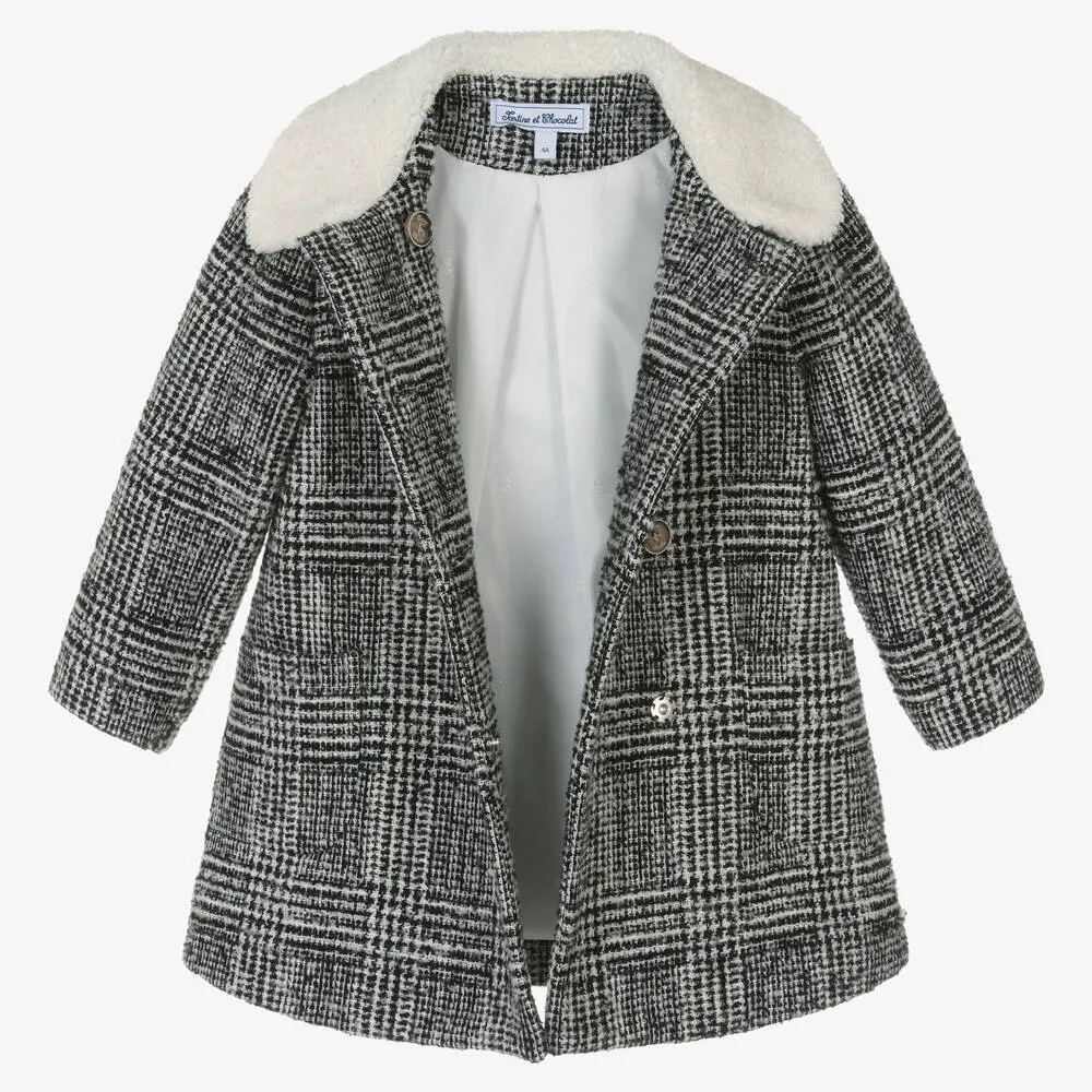 Girls Black & Ivory Tweed Coat