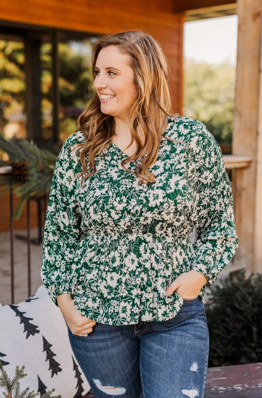 Joy to the World Long Sleeve Blouse- Hunter Green