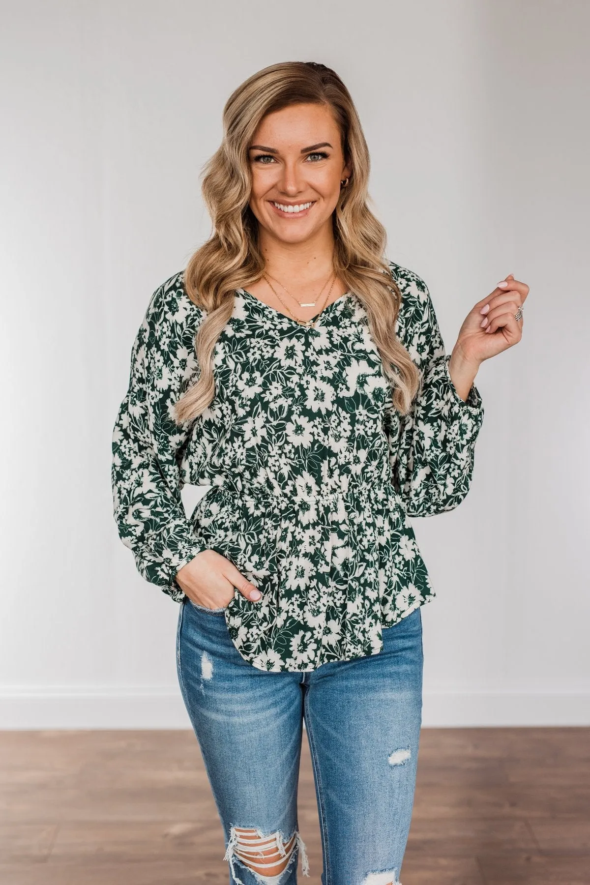 Joy to the World Long Sleeve Blouse- Hunter Green