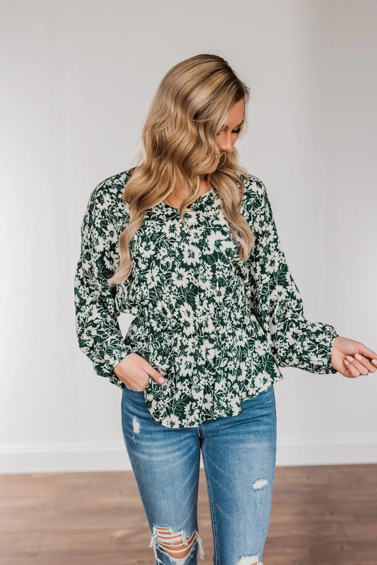 Joy to the World Long Sleeve Blouse- Hunter Green