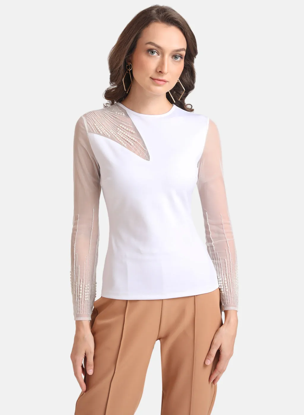 Kazo White Pearl Embellished Full Sleeves Top