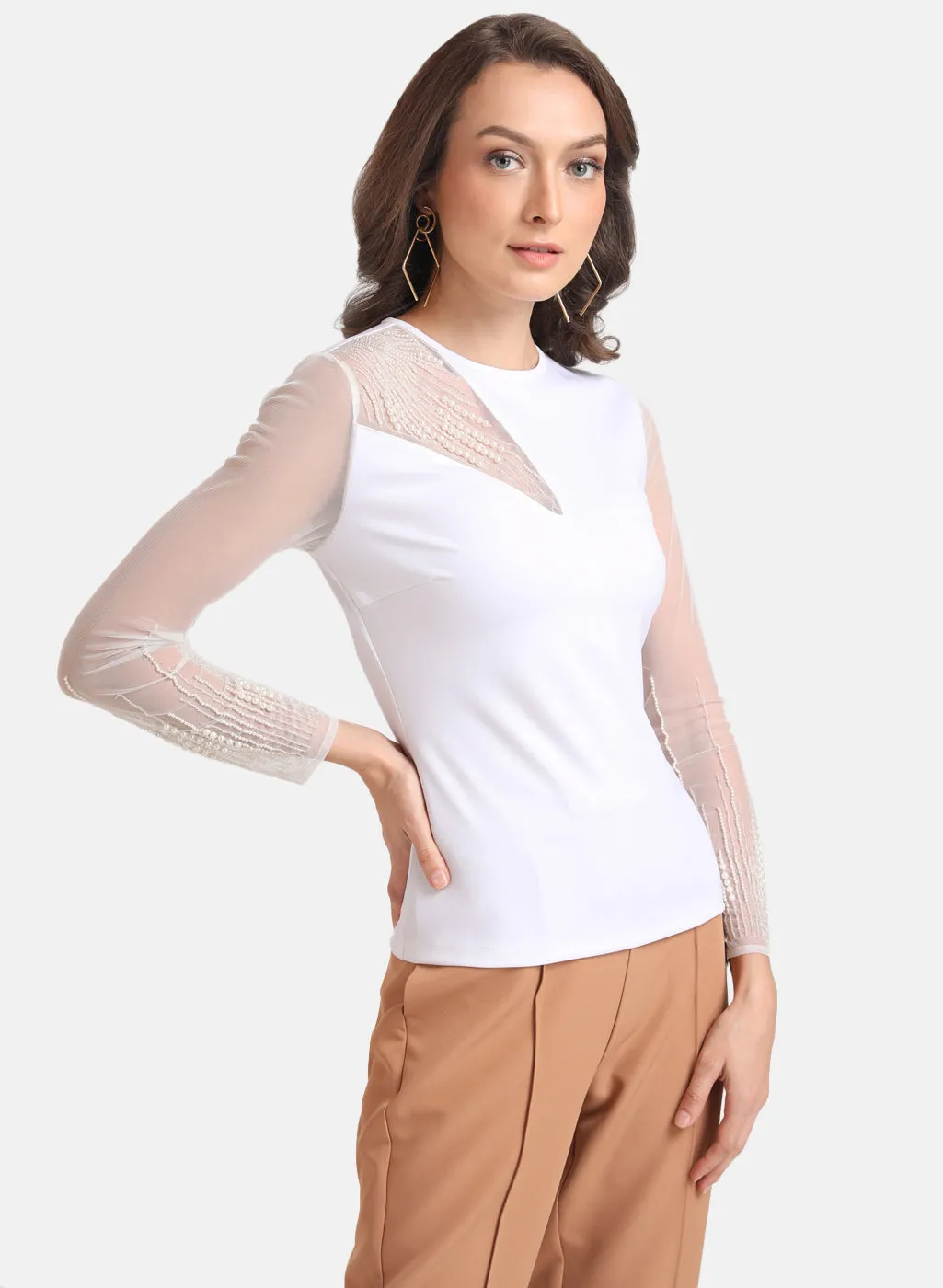 Kazo White Pearl Embellished Full Sleeves Top