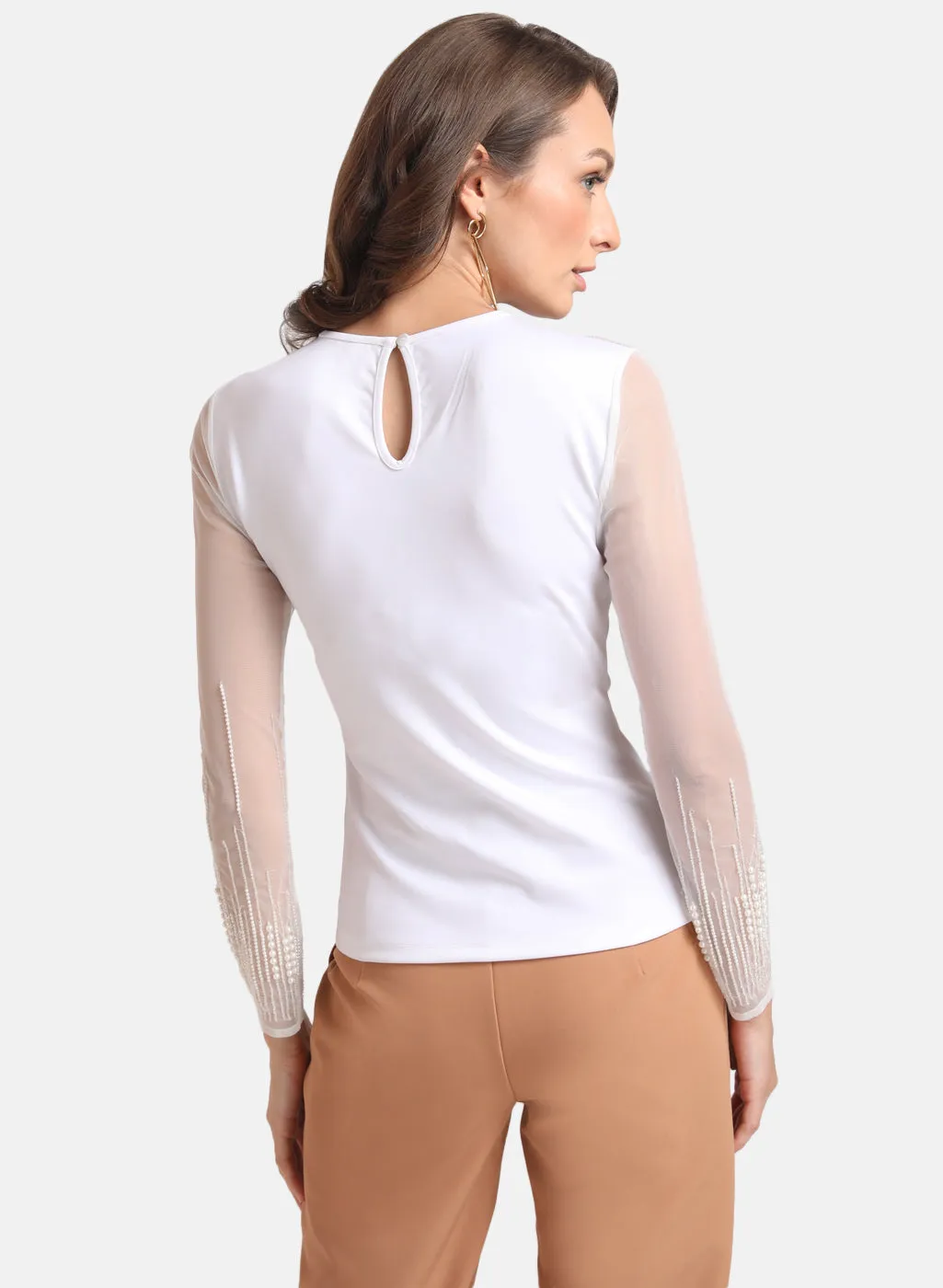 Kazo White Pearl Embellished Full Sleeves Top