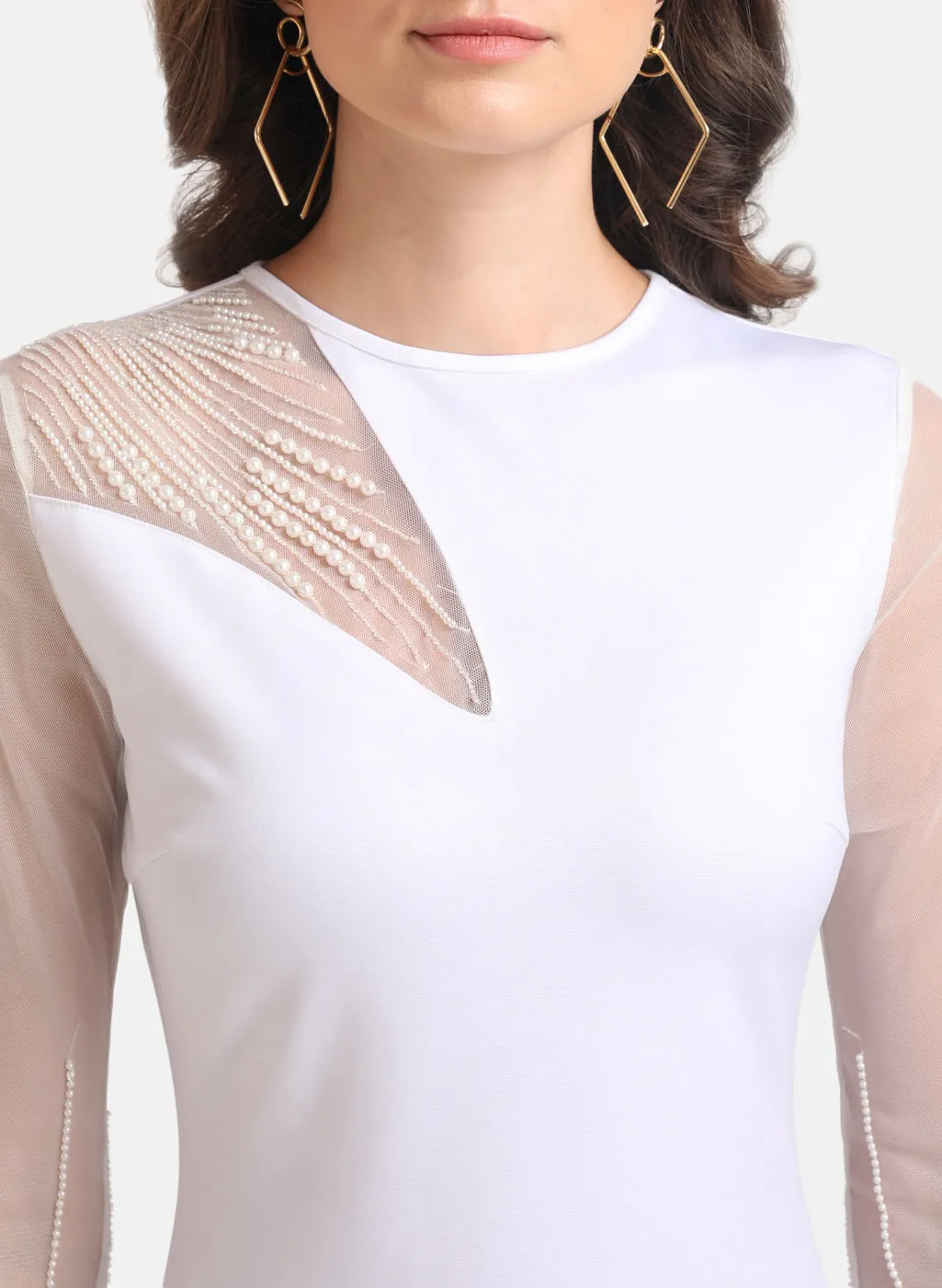 Kazo White Pearl Embellished Full Sleeves Top