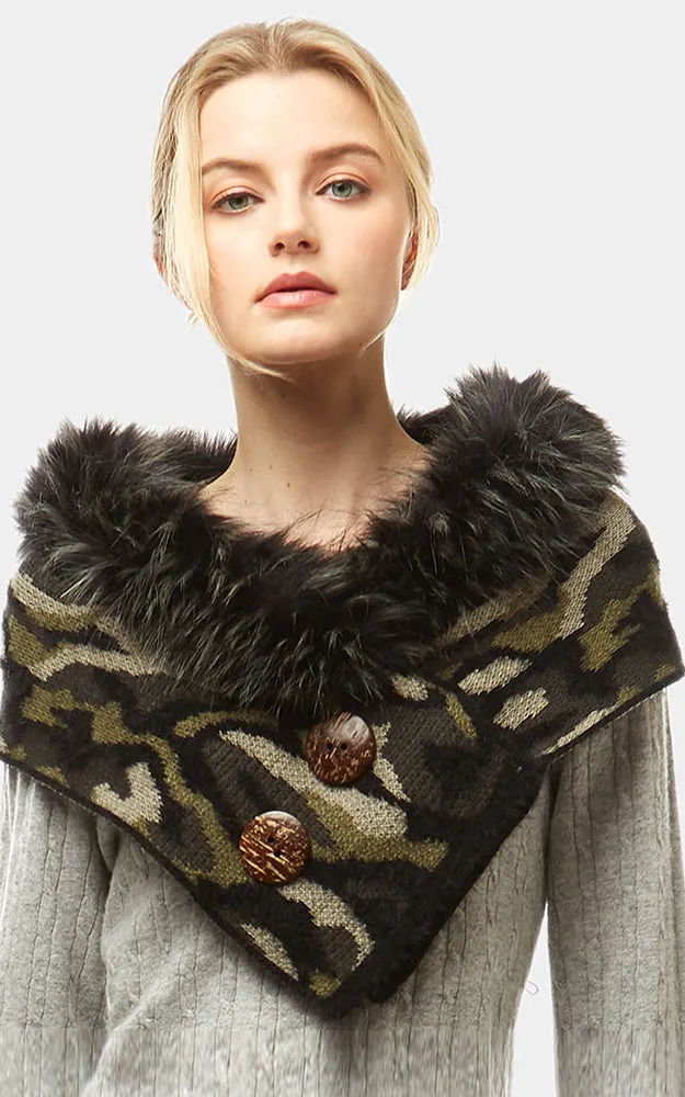 LOF1004 Camoflage Faux Fur and Buttons Tube Scarf