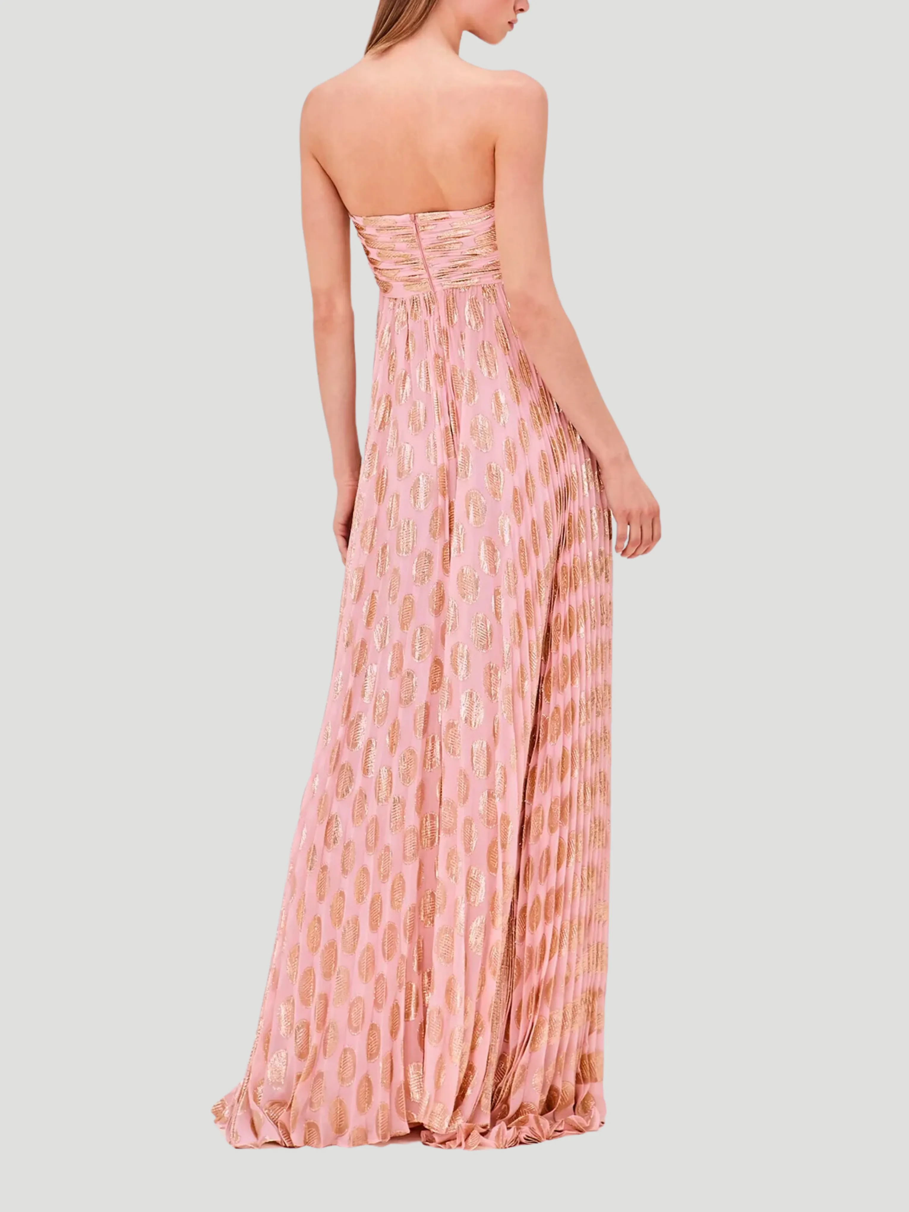 Maryana Strapless Pleated Metallic Maxi Dress