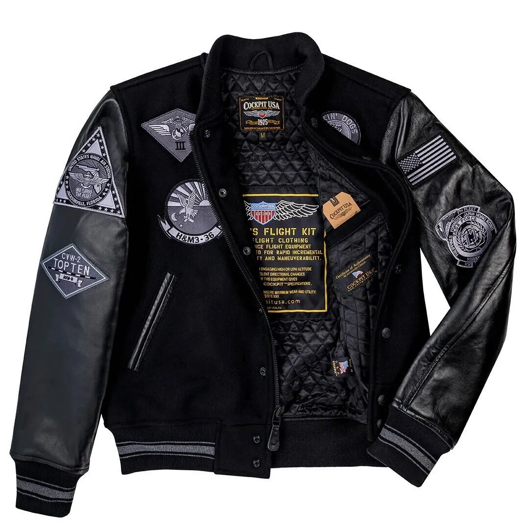 Men's leather teddy jacket black/black cockpit'usa \z28b003\