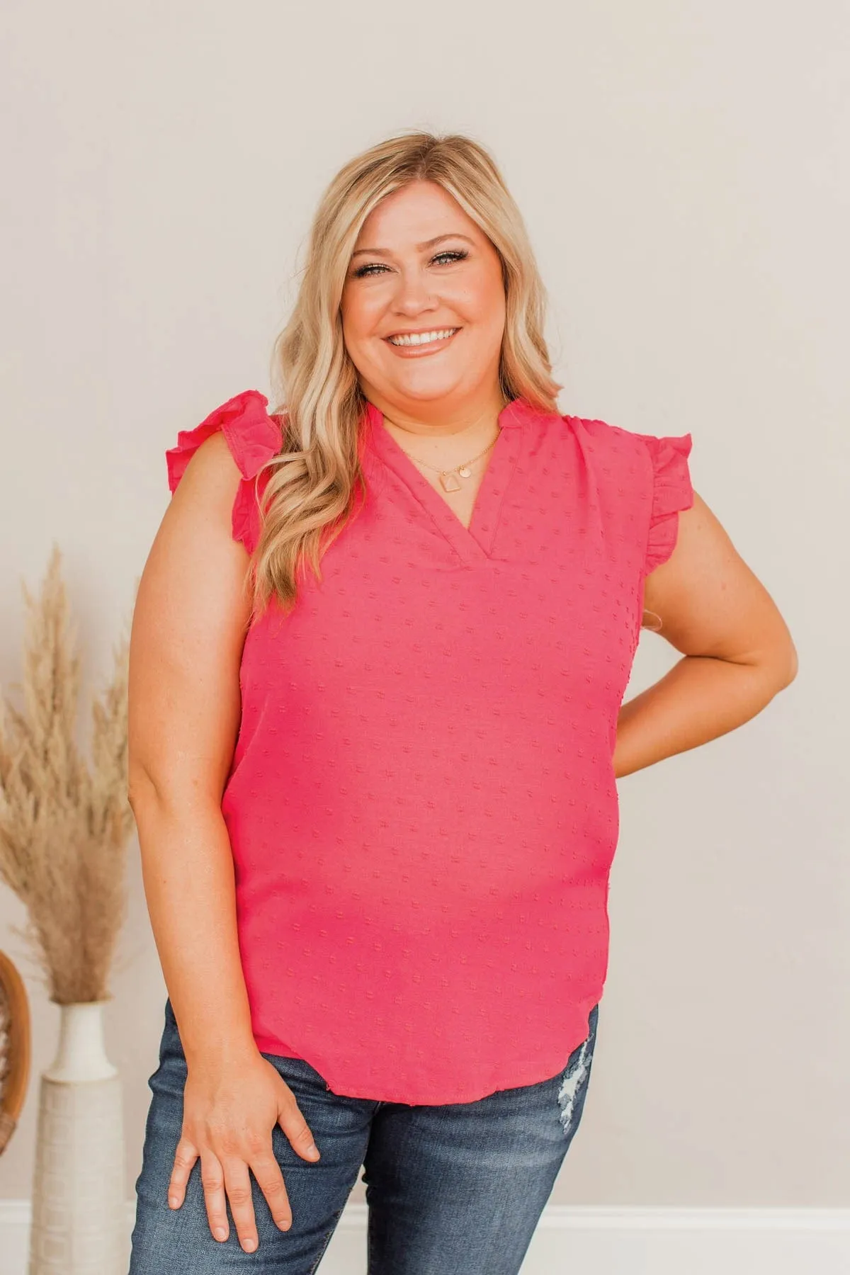 Only Just Begun Ruffle Swiss Dot Tank- Fuchsia