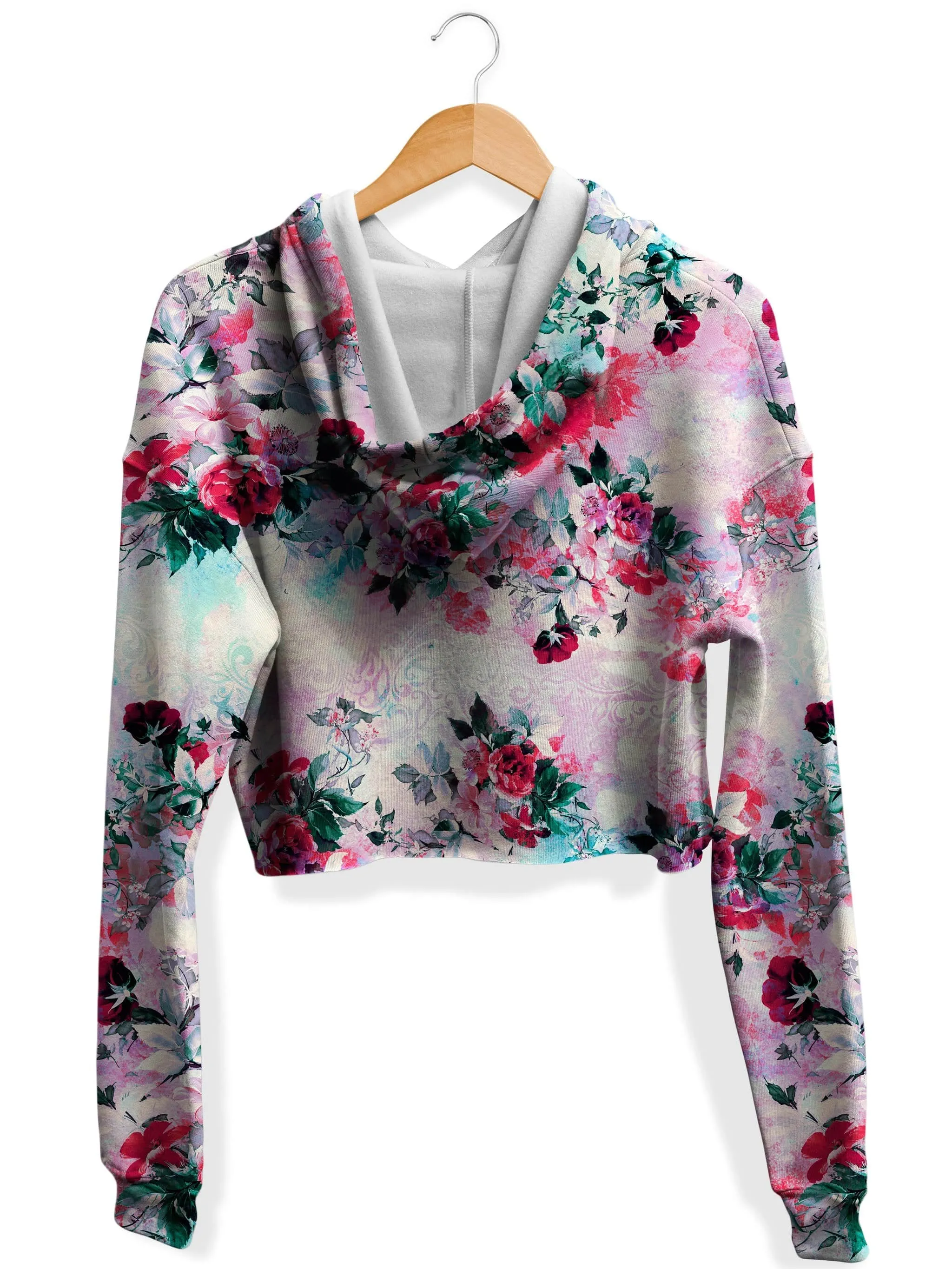 Pink Floral Fleece Crop Hoodie