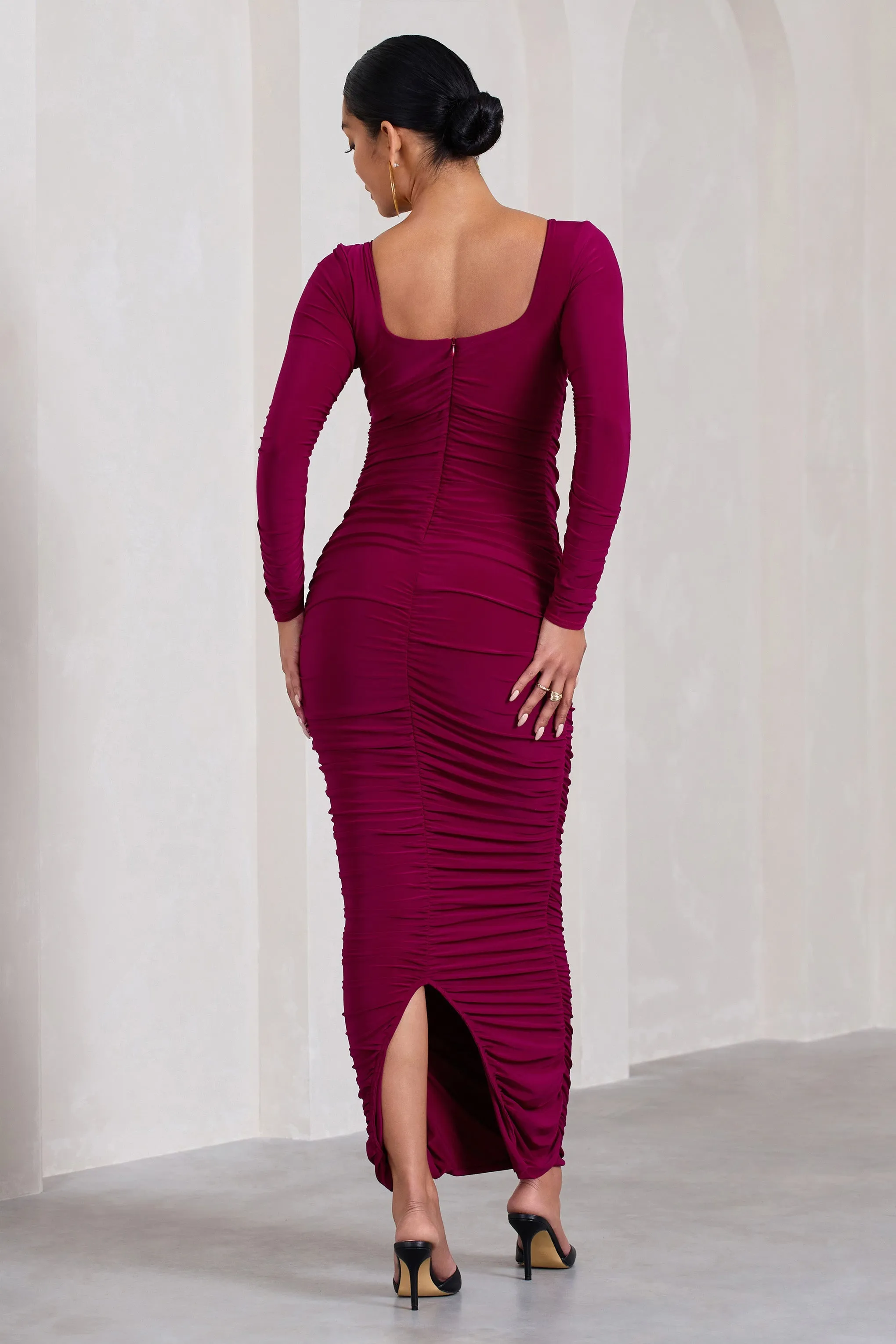 Prissie | Berry Ruched Square-Neck Long-Sleeve Maternity Maxi Dress