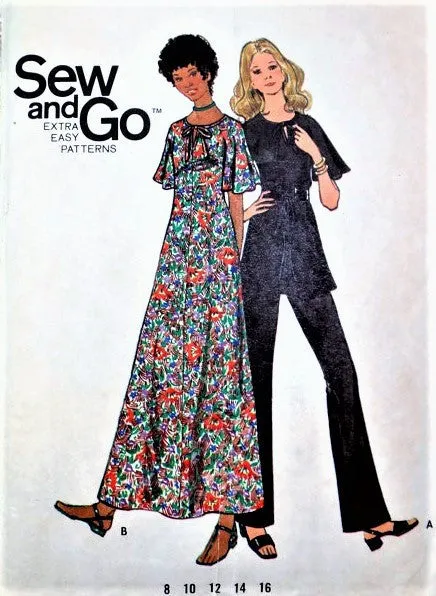 Retro 70s Maxi Dress,Tunic and Pants Pattern BUTTERICK 6305 Flutter Sleeves, Keyhole  Bust 34 Extra EASY Vintage Sewing Pattern 