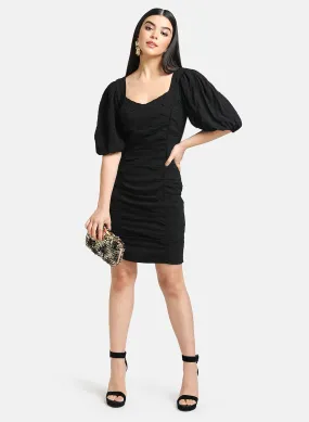 Ruched Bodycon Dress With Puff Sleeves