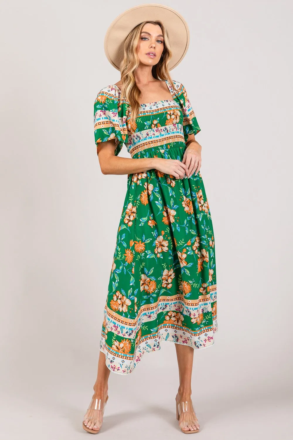 Sage Printed Smocked Short Sleeve Midi Dress