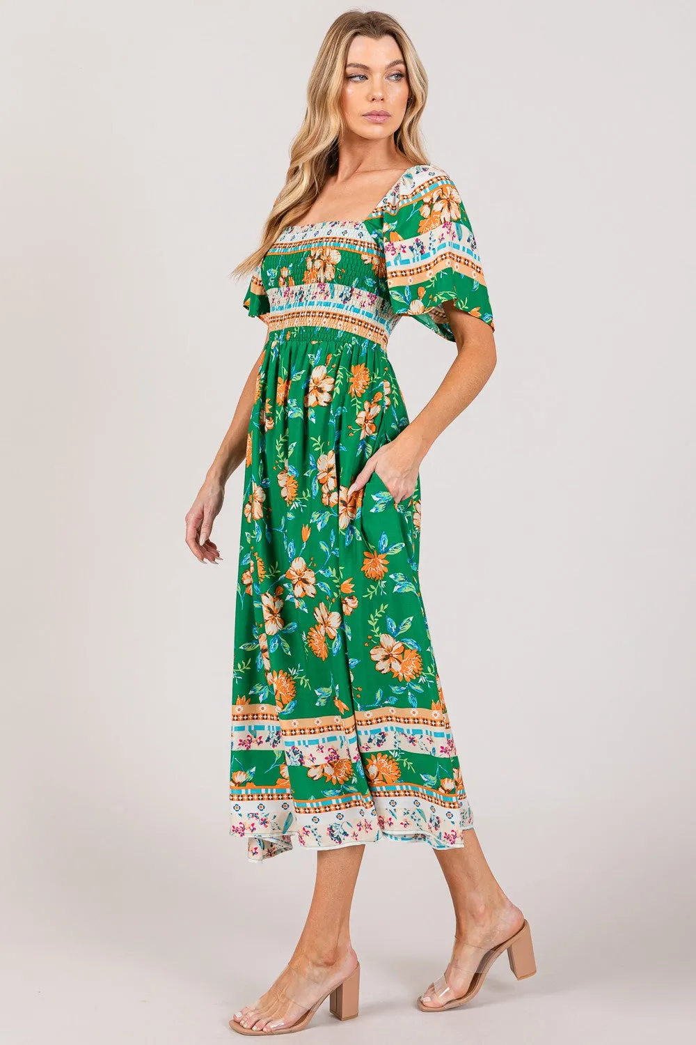 Sage Printed Smocked Short Sleeve Midi Dress