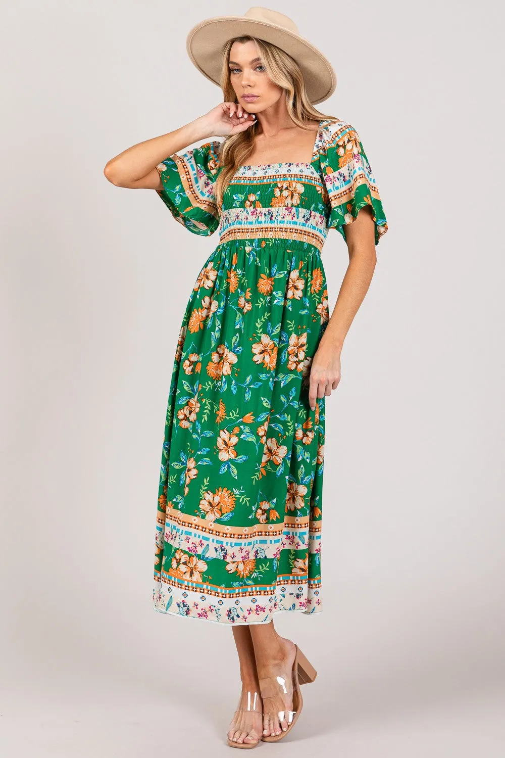 Sage Printed Smocked Short Sleeve Midi Dress