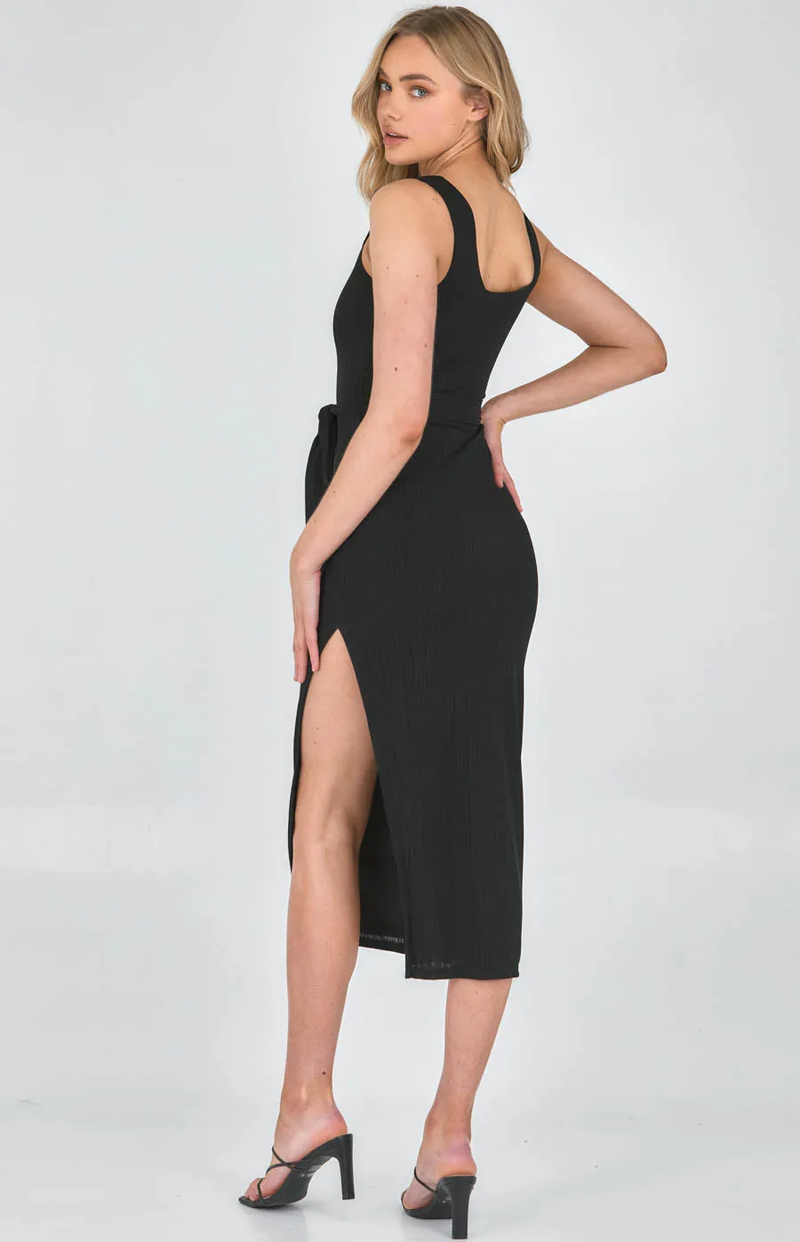 Slinky Ribbed Jersey Midi Dress with Tie (SDR1113A)