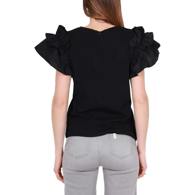 T-SHIRT MANICHE CORTE CON ROUCHES, NERO