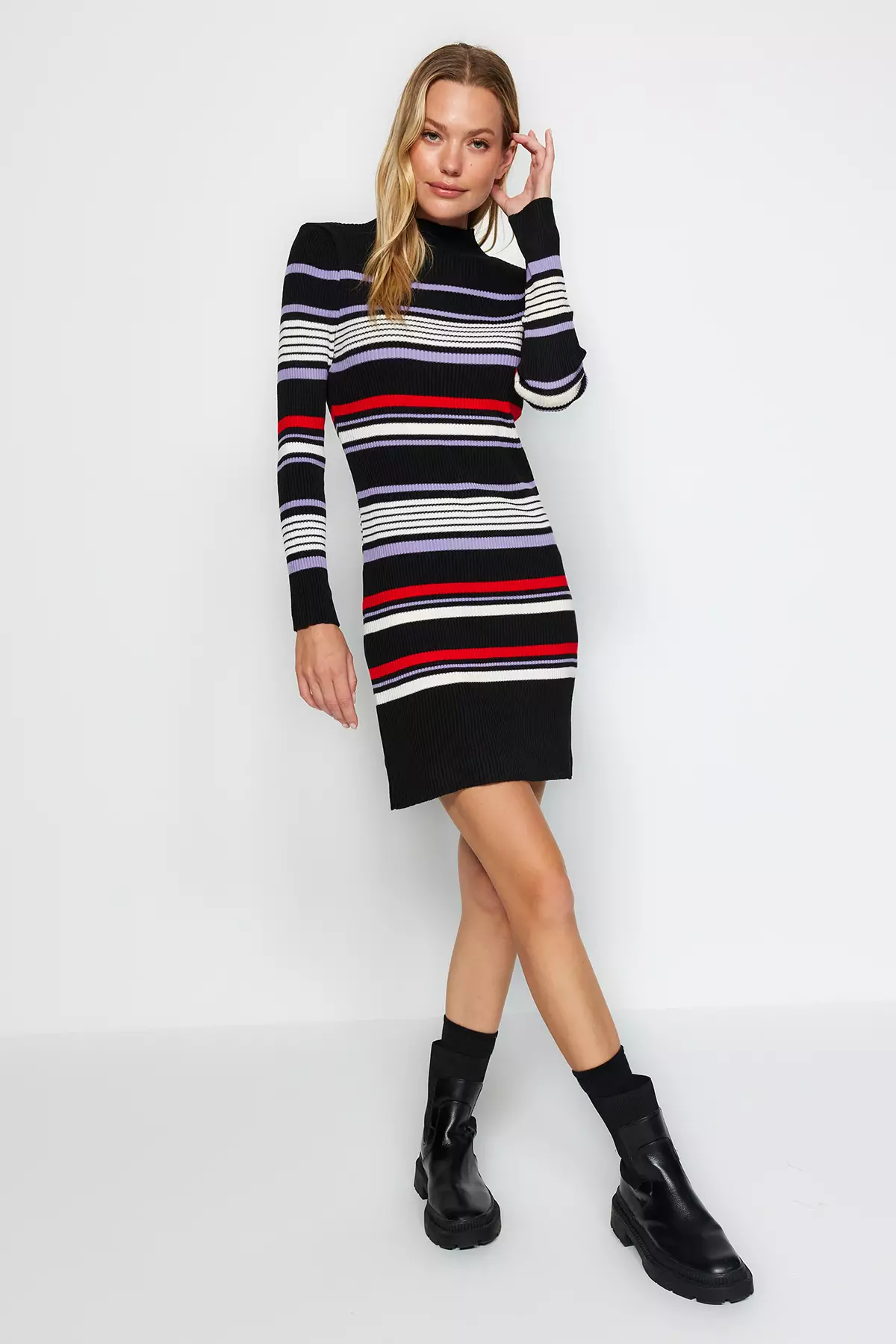 Trendyol Black Mini Sweater Standing Collar Dress, Sweater Dress