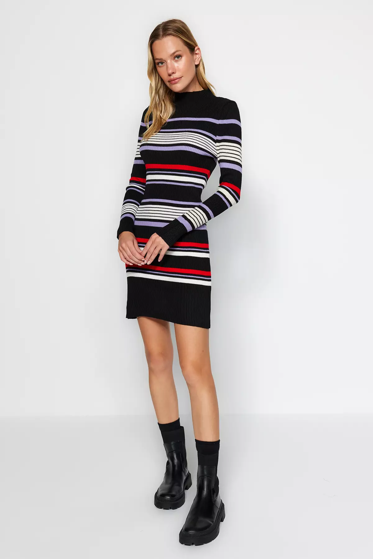 Trendyol Black Mini Sweater Standing Collar Dress, Sweater Dress