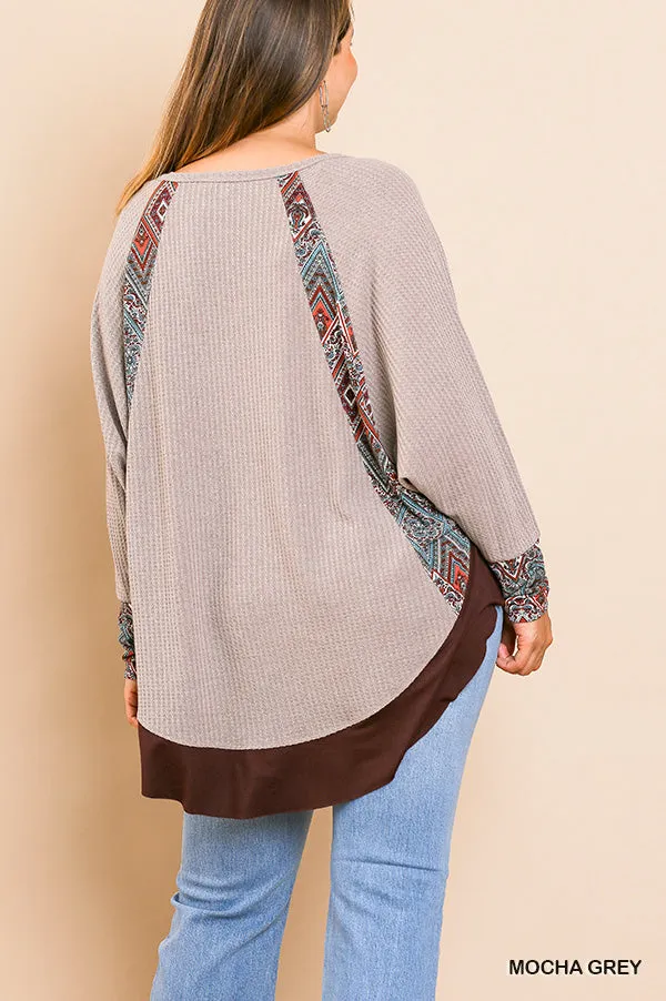 Umgee Scarf Print Long Sleeve Waffle Knit Top-PLUS SIZE