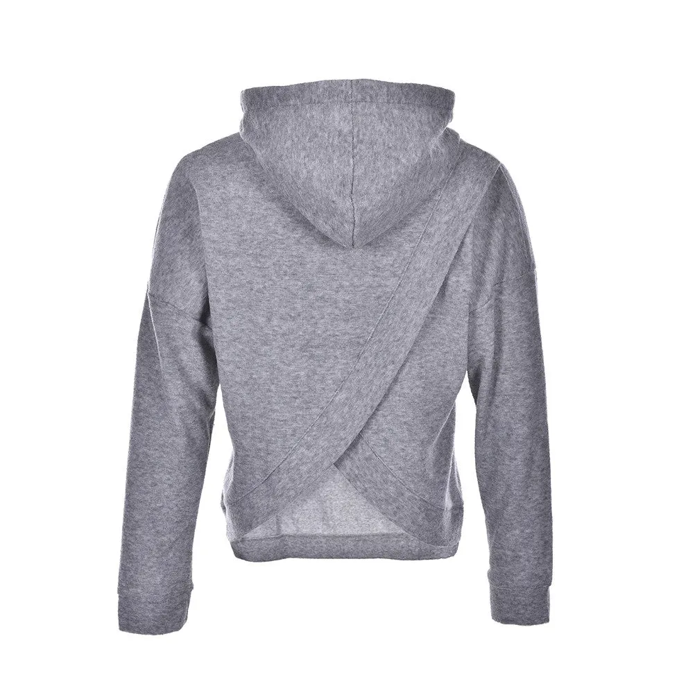 Women Long Sleeve Cropped Gray Pullovers Top Design Stylish Drawstring Hoodies Back Slit Irregular Sweatshirts SM6